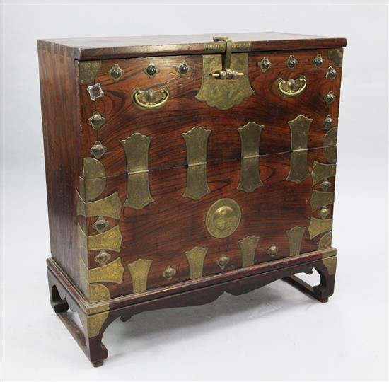 A Korean brass bound elm cabinet, W.3ft 1in.